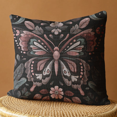 A square decorative pillow featuring an intricately detailed butterfly design in rose pink, blush, and silver-grey colors against a black background. The butterfly is surrounded by botanical elements with symmetrical floral patterns.